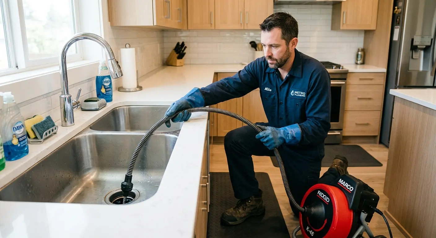 Drain cleaning technician using a motorized snake on a kitchen sink in Caledonia