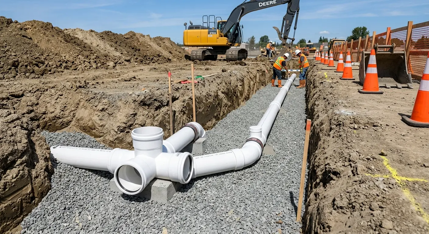 New PVC sewer pipe installation in open trench for Sewer Backup in Caledonia