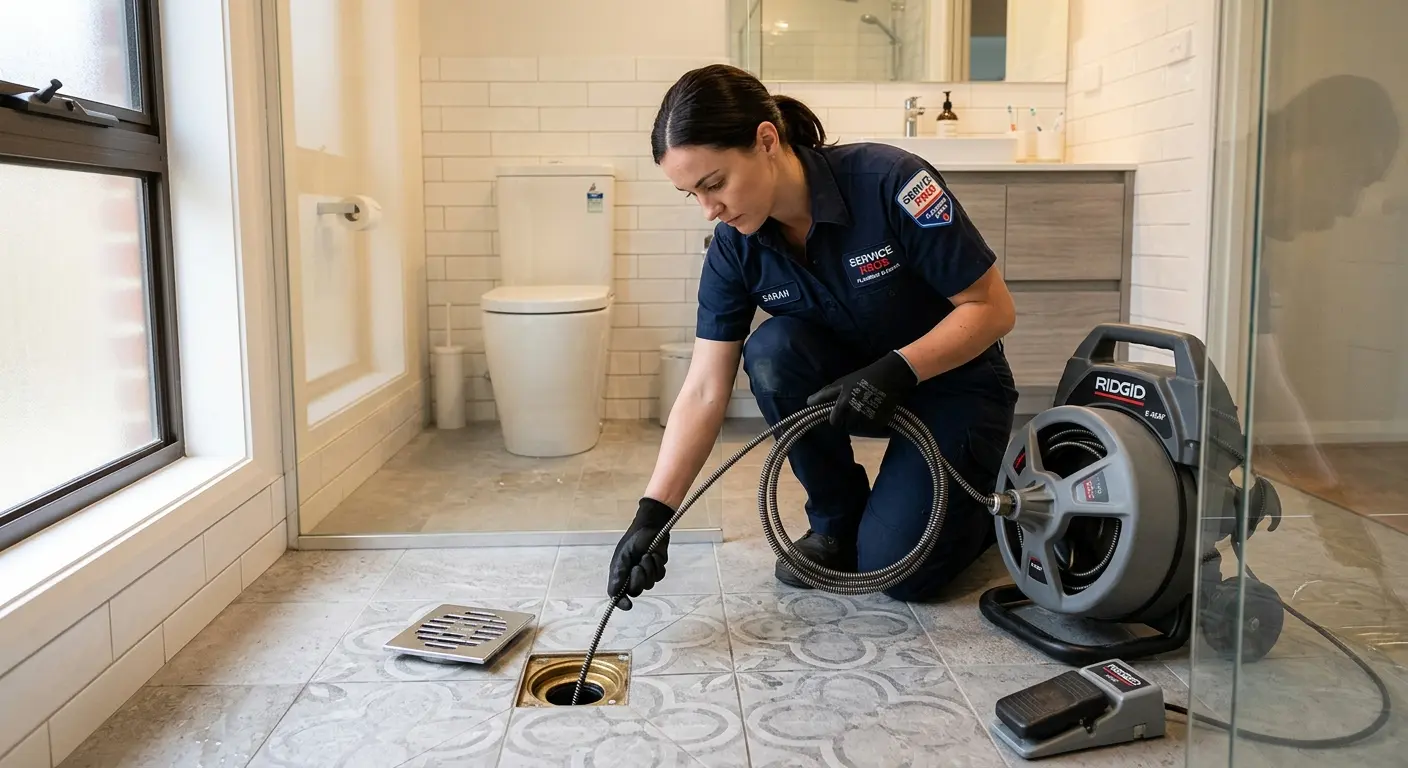 Technician clearing a bathroom floor drain for Sewer Line Replacement in Caledonia